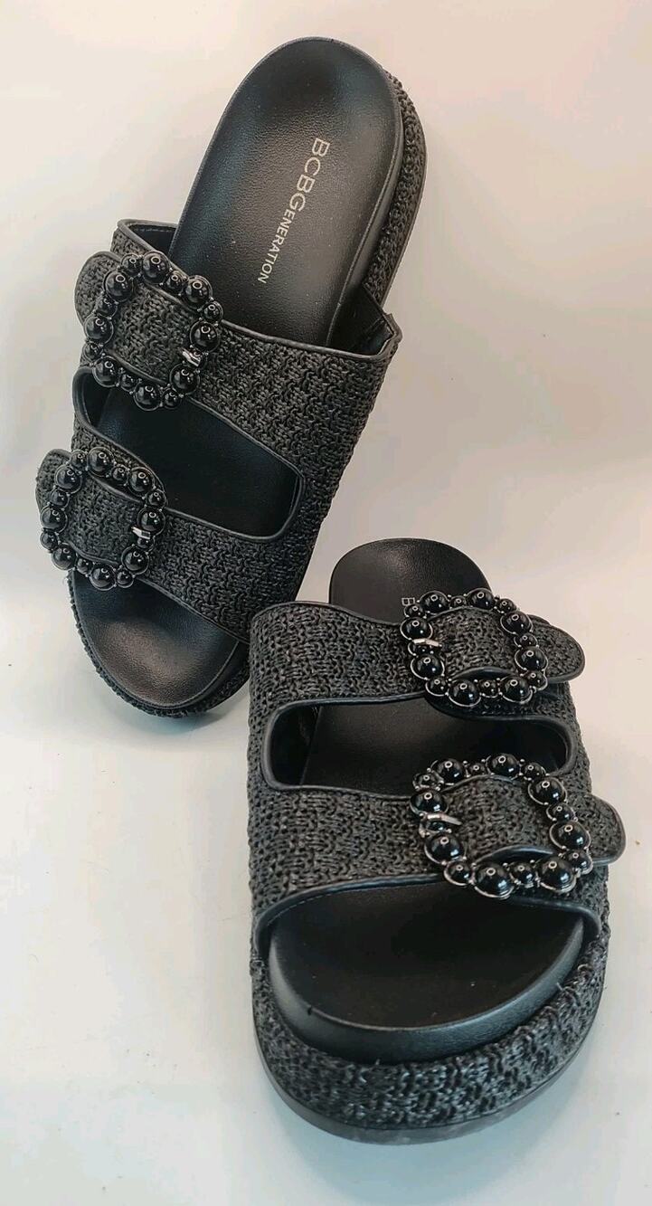 BCBGeneration Women's Woven Black Sandals Size 8.5 Beaded Comfy Flip Flops